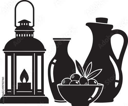Black and white illustration of lantern oil jug and olives