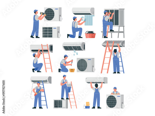 Collection of illustrations showing technicians performing various air conditioner installation and maintenance tasks