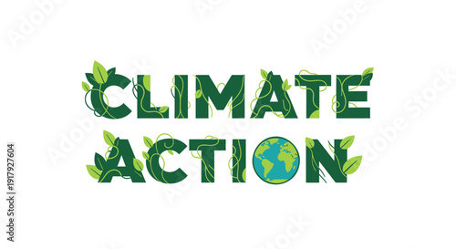 Climate action eco friendly vector logo with earth and leaves, green typography.