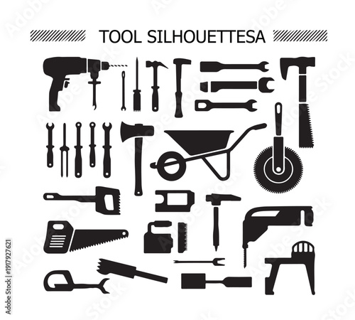 A wide collection of various hand and power tool silhouettes, including hammers, saws, wrenches, and drills