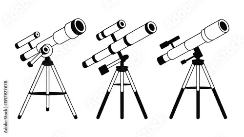 Set of contemporary telescopes on stable tripods, depicted in a clean vector graphic style for design projects about science and discovery.