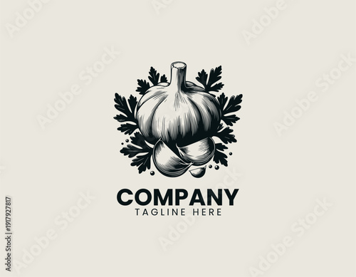 Fresh garlic with separate cloves and green parsley leaves black vector logo illustration white background