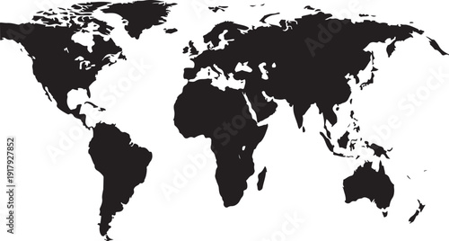 Black and white world map on isolated background