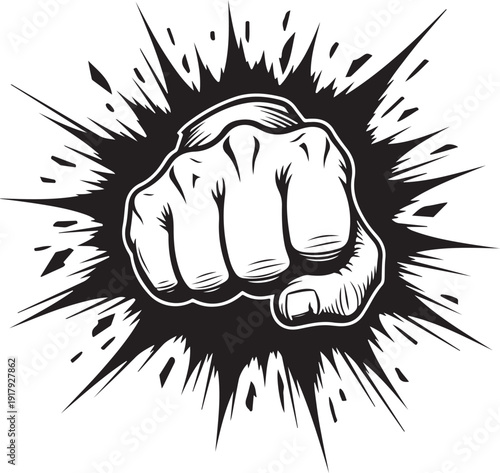 Powerful clenched fist breaking through a dark explosive background
