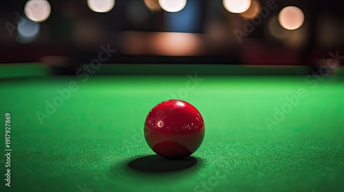 Bright Red Pool Ball on Green Felt Surface with Blurred Background Bokeh Lighting for Snooker and Billiards Conceptual Imagery in Sports and Games