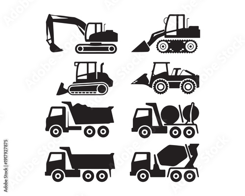 Collection of various heavy construction machinery including excavators loaders bulldozers and dump trucks in silhouettes