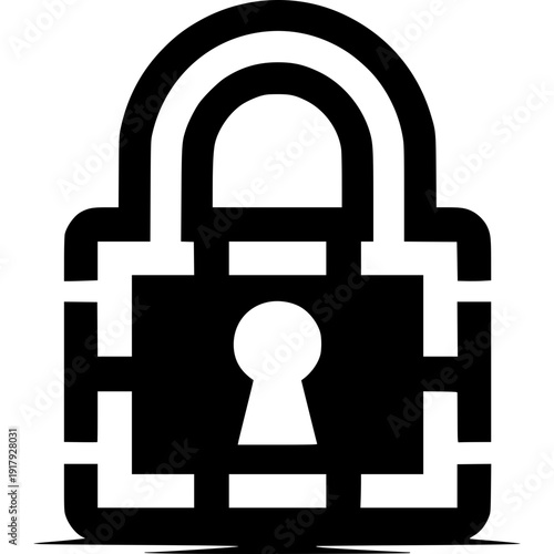 Secure Shield: A bold black and white illustration of a padlock, symbolizing digital security and safeguarding sensitive data. 