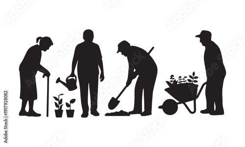 Silhouettes of people actively working in a garden, demonstrating various gardening and planting activities