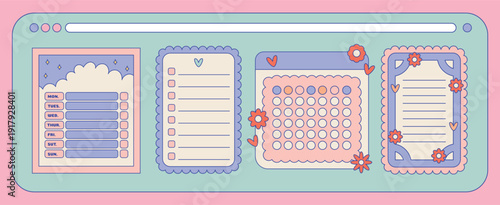 Kawaii digital stickers for Monthly Planner with Cute hearts and flowers. Blank paper Notes, to-do list for schedule or organizer for bullet journaling or planning