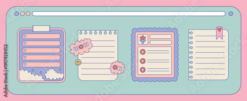Cute pastel lists, Notes, and Weekly Planner elements for bullet journals and organizers. Kawaii adorable digital stickers set
