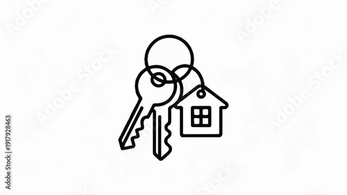 Minimal real estate line icon of house with hanging keys, thin black outline, modern flat vector design, isolated on white background, property ownership and home security concept.