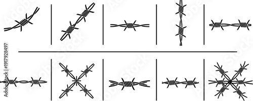Barbed wire variations set isolated on white background security fence vector illustration collection