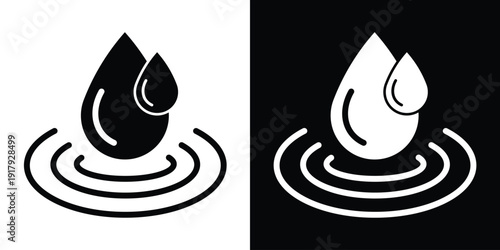 Group of three water drops of varying sizes. Modern icon set for weather, rain, or skincare products. High-contrast vector graphics in outline and flat styles for web and print.