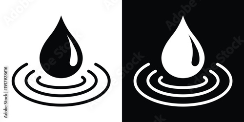 Water drop falling into a ripple. Linear icon representing impact, purity, and hydration. Perfect for spa, wellness, and environmental conservation concepts. Vector illustration.