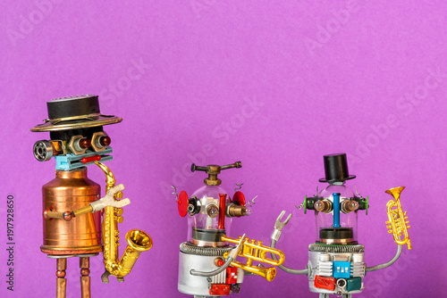 Photography Comical robot jazz trio with saxophone and trumpets