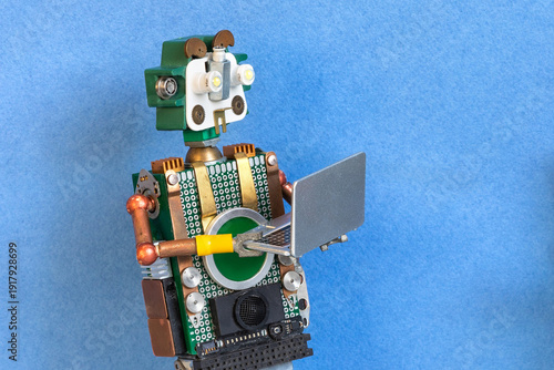 Smiling green robot with laptop, focused on display. Computer interaction concept, gadget promotion poster