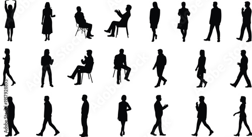 "Silhouettes of diverse male and female figures in everyday poses including standing, walking, sitting, and gesturing, representing lifestyle, communication, and activities in vector illustration"