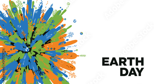 Earth Day colorful paint splatter vector graphic. Includes eco-friendly, environmental, and conservation themes. Created in vibrant style with multicolor palette.