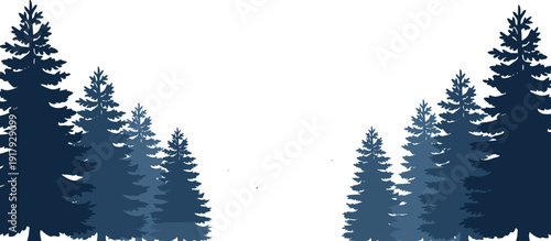 Pine tree forest illustration with layered evergreen silhouettes in deep blue tones, minimalist woodland landscape isolated on white background