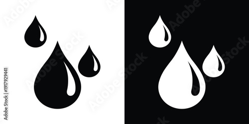 Group of three water drops of varying sizes. Modern icon set for weather, rain, or skincare products. High-contrast vector graphics in outline and flat styles for web and print.