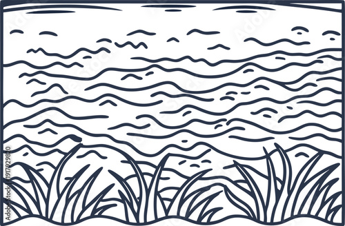 Hand drawn vector sketch of ocean waves with rocky shore and coastal grass landscape