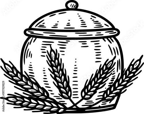 Vintage ceramic honey pot with lid and detailed wheat stalks illustration in black and white