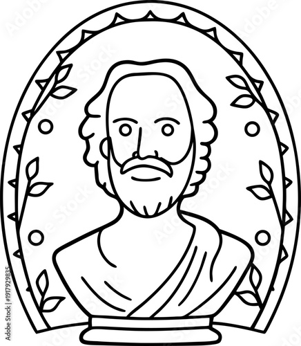 classical bust sculpture with beard and draped toga inside decorative oval frame with leaves