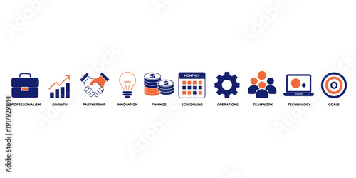 Business Icon Set Collection in Thin Line Style. 10 Professional Vector Icons: Briefcase, Pie Chart, Handshake, Idea Lightbulb, Dollar, Calendar, Gear, Team, Desktop Computer and Archery Target for We
