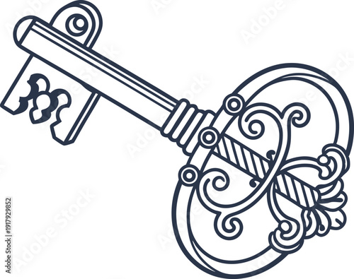 Ornate vintage skeleton key with intricate swirled decorative handle design