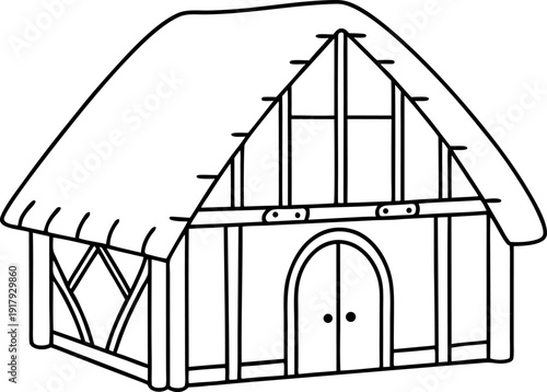 Medieval timber frame house with thatched roof line art traditional rustic cottage architecture with wooden beams and arched double door