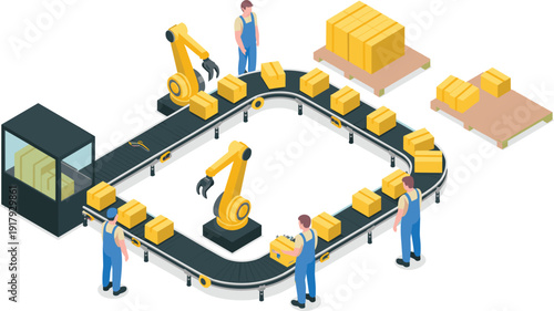 Isometric, illustration, of, a, smart, factory, assembly, line, with, robotic, arms, conveyor, belts, workers, and, cardboard, boxes, for, industrial, automation, and, logistics, design