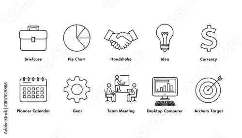 Business Icon Set Collection in Thin Line Style. 10 Professional Vector Icons: Briefcase, Pie Chart, Handshake, Idea Lightbulb, Dollar, Calendar, Gear, Team, Desktop Computer and Archery Target for We