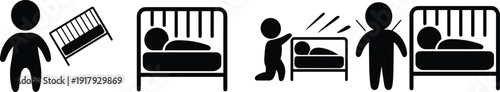 Vector, black, and, white, icon, set, showing, baby, crib, safety, guidelines, including, proper, sleeping, positions, and, hazards, for, newborn, childcare, and, parenting, education