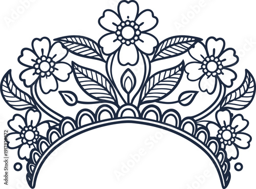 Floral crown with detailed flower and leaf patterns elegant decorative botanical headpiece design