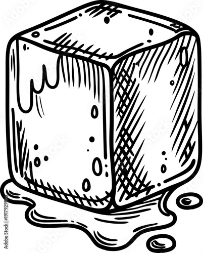 Melting ice cube illustration with water puddle, cold frozen block, drip and liquid drops, hand drawn