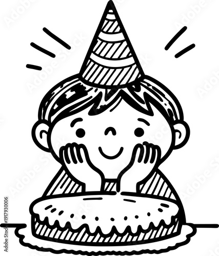 Happy child wearing party hat celebrating birthday with cake in front