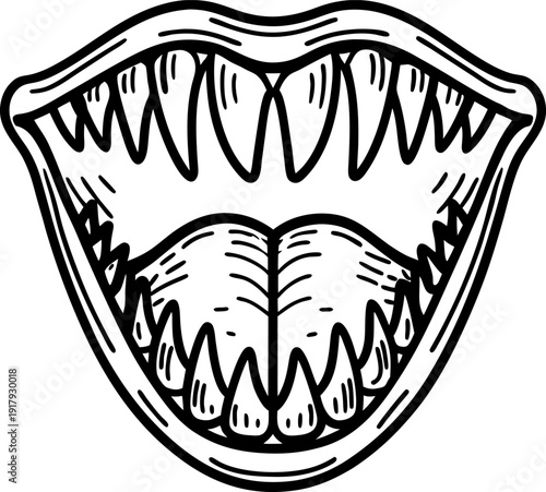 Monster mouth with sharp teeth and tongue open wide scary creature smile, horror design, fang illustration