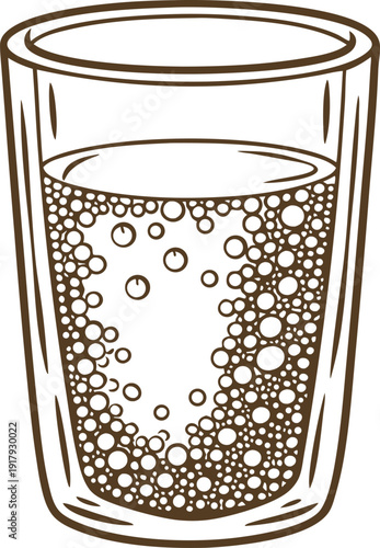 Glass filled with sparkling carbonated water refreshing fizzy drink with bubbles, clear beverage illustration