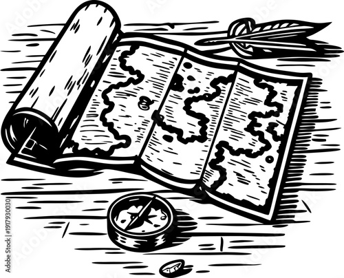 Vintage treasure map with compass and arrows, hand drawn navigation and exploration illustration