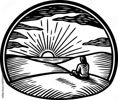 silhouette of a person sitting on a hill watching sunrise over rolling landscape with clouds