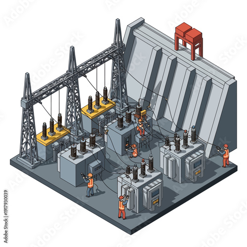 Industrial electrical substation with workers and equipment.