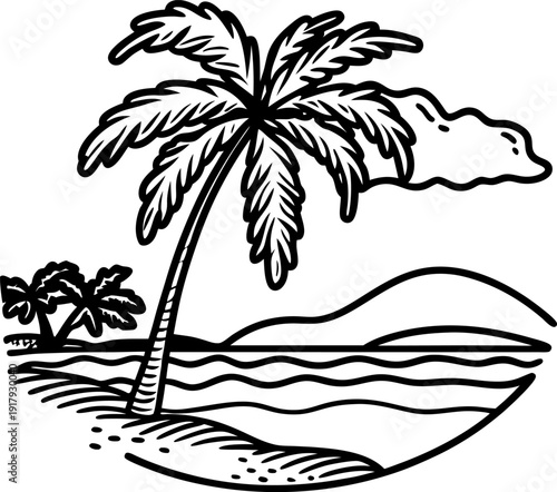 Palm tree on a tropical beach with ocean waves and distant hills landscape drawing