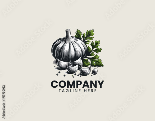 Fresh garlic with separate cloves and green parsley leaves black vector logo illustration white background