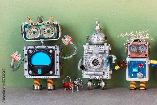 Three funny mechanical toy robots and a toy dog standing together. Whimsical robot companions concept, playful characters poster