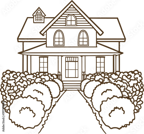 classic two story house with front porch and landscaped garden with bushes and pathway