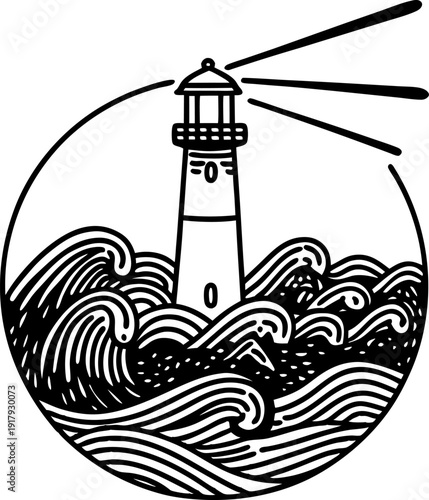Lighthouse shining beacon through stormy ocean waves in circular black and white design