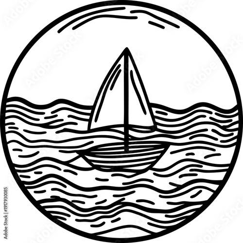Sailboat on wavy sea with curved horizon line in circular frame nautical line art emblem design