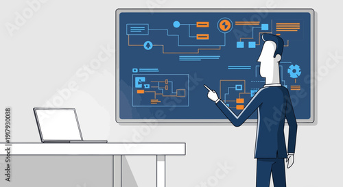 Man presenting a business diagram on screen.