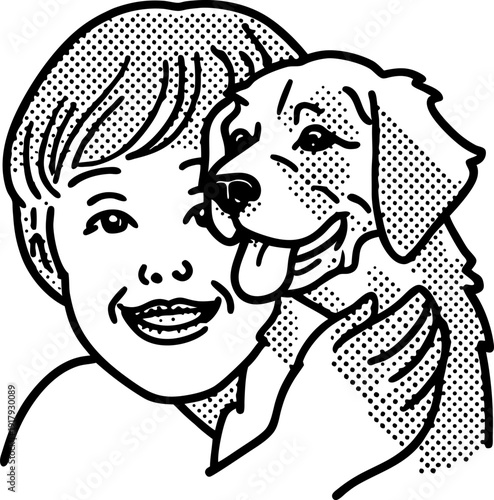 Smiling child hugging happy dog with tongue out in vintage comic book illustration