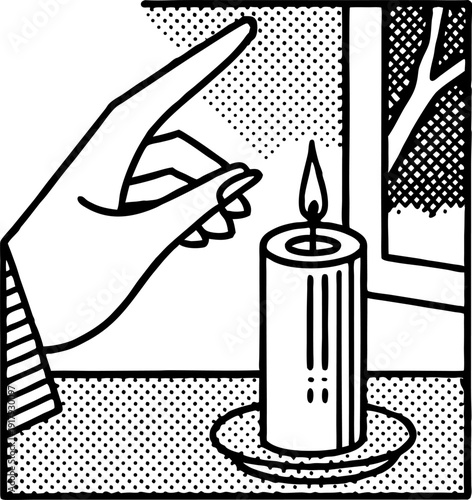 Hand lighting candle on plate near window, black and white line art illustration